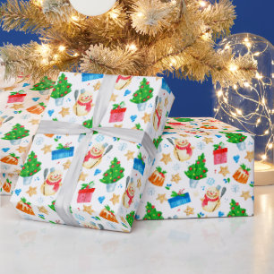 Lächelnd Snowman Weihnachtsbaum präsentiert Kekse Geschenkpapier