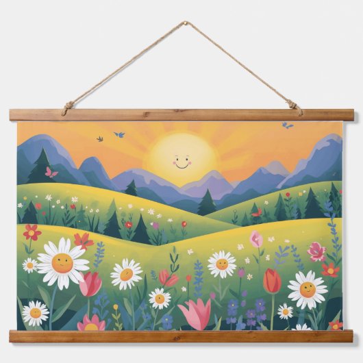 Lächelnd Sun & Happy Blume Tapestry - Helle Natu Wandteppich Mit Holzrahmen (Vorne)