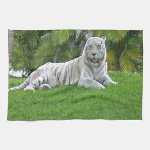Lächelnd weiße Tiger und Palmen Geschirrtuch