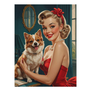 Lächelnde blonde Pin-Up im roten Kleid mit süßem H Poster