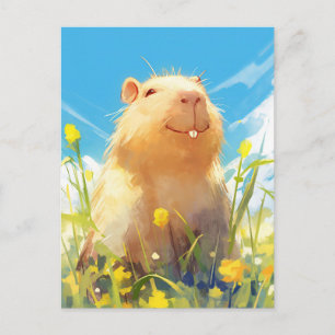Lächelnde Capybara auf einer sonnigen gelben Wildb Postkarte