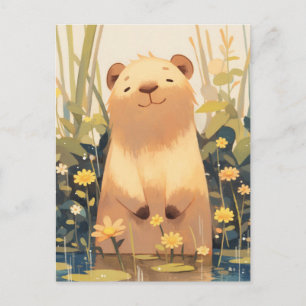 Lächelnde Capybara im Teich mit gelben Wildblumen Postkarte