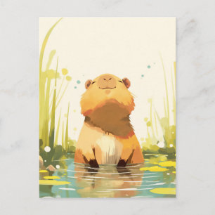 Lächelnde Capybara in ruhigem Naturteich Sumpf Postkarte