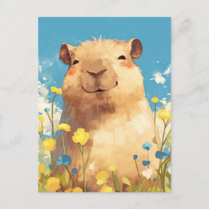 Lächelnde Capybara in sonnigem gelben Wildblumenga Postkarte