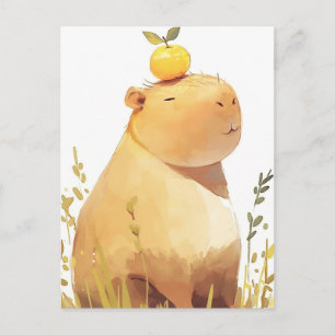 Lächelnde Capybara mit gelber Yuzu-Frucht auf dem  Postkarte