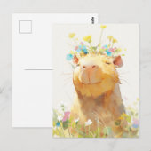 Lächelnde Capybara mit Wildblumenkrone Garten Postkarte (Vorne/Hinten)