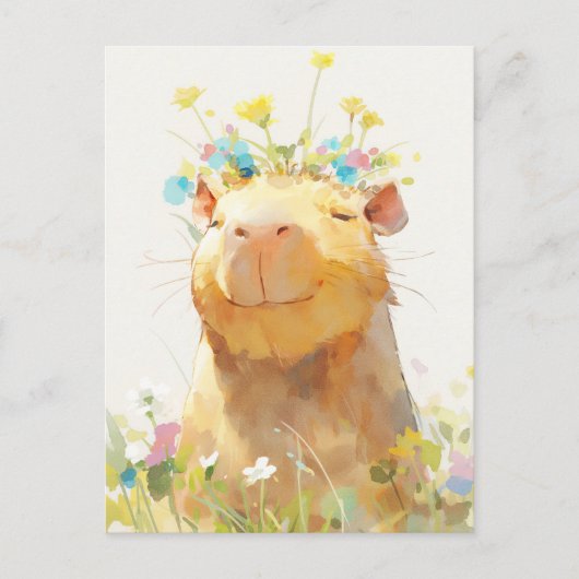 Lächelnde Capybara mit Wildblumenkrone Garten Postkarte (Vorderseite)