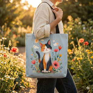 Lächelnde Dreifarbenkatze im blühenden Garten Tasche