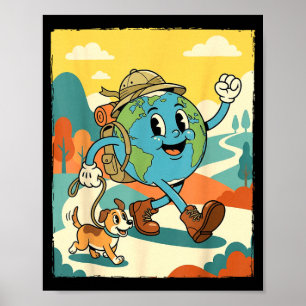 Lächelnde Erde Wandern mit Hund Retro-Cartoon Erde Poster