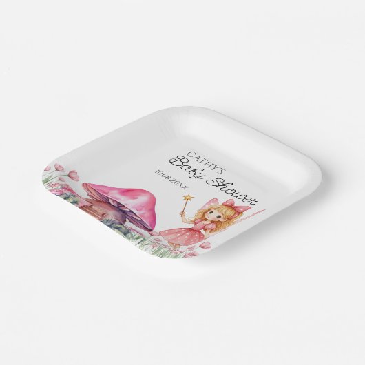 Lächelnde Fee- und rosa Mushrooms Kinderdusche Pappteller (Gewinkelt)
