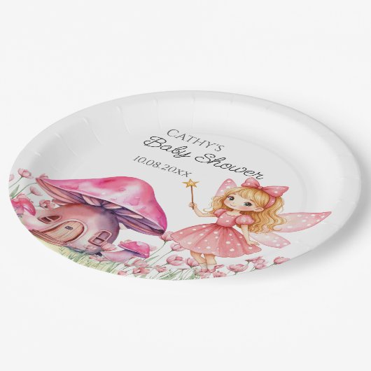 Lächelnde Fee- und rosa Mushrooms Kinderdusche Pappteller (Schrägansicht)