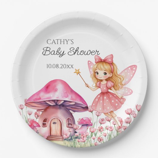 Lächelnde Fee- und rosa Mushrooms Kinderdusche Pappteller (Vorderseite)
