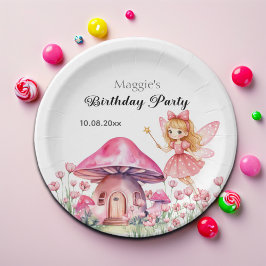 Lächelnde Fee und rosa Pilze Geburtstagsparty Pappteller