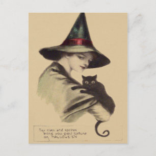 Lächelnde glückliche Hexe schwarze Katze Postkarte