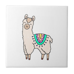 lächelnde glückliche Lama Alpaka Cartoon Tier Zeic Fliese