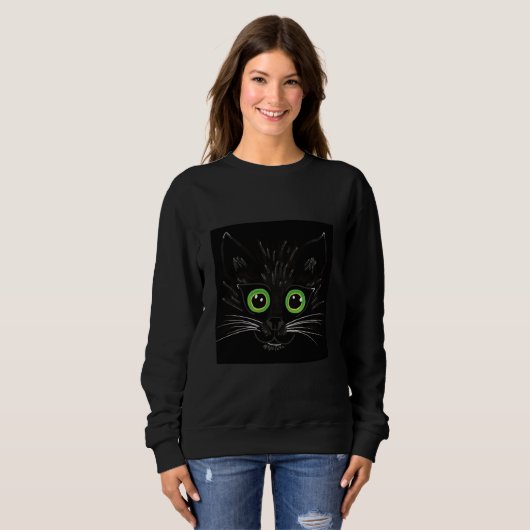 Lächelnde grüne Mit Augen Katze Sweatshirt (Vorne ganz)