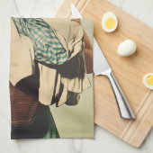 Lächelnde Hausfrau mit Waschkorb Geschirrtuch (Viertel Falte)