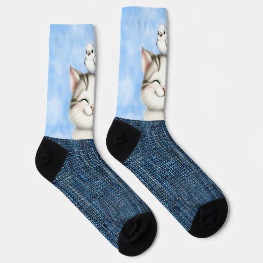 Lächelnde Kätzchen und Vögel Socken (Rechts)