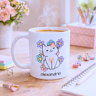 Lächelnde Katze mit Blumen-Monogramm  Kaffeetasse