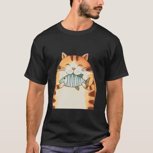 Lächelnde Katze umarmt Fisch Spaß T-Shirt (Vorderseite)