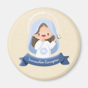 Lächelnde Kawaii Jungfrau Maria mit Blume – Beige Magnet