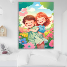 Lächelnde Kinder im farbenfrohen Blumengarten Post