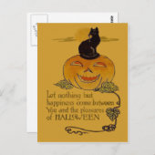 Lächelnde Kürbislaterne Pumpkin Black Cat Vine Postkarte (Vorne/Hinten)