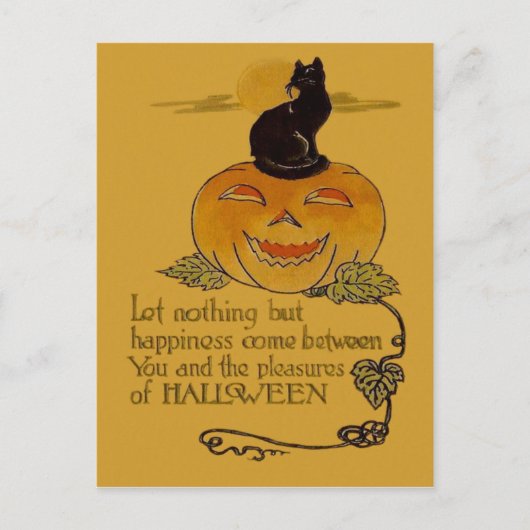 Lächelnde Kürbislaterne Pumpkin Black Cat Vine Postkarte (Vorderseite)