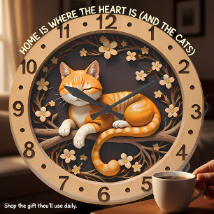 Lächelnde orange getigerte Katze Frühling Große Wanduhr