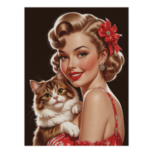 Lächelnde Pin-Up mit Katzenporträt Poster
