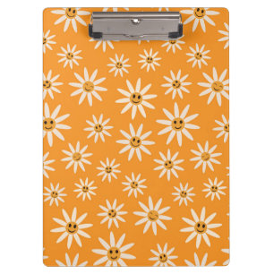 Lächelnde Retro-Weiße Blumen auf Orange  Klemmbrett