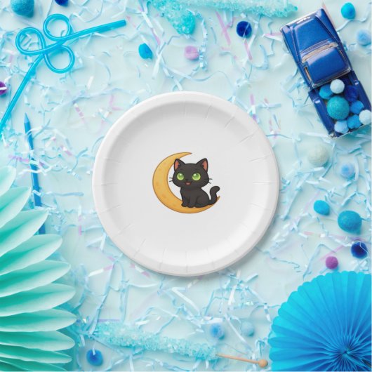 Lächelnde schwarze Katze mit leuchtenden grünen Au Pappteller (Party)