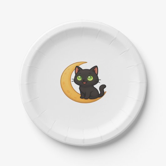 Lächelnde schwarze Katze mit leuchtenden grünen Au Pappteller (Vorderseite)