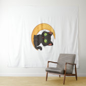 Lächelnde schwarze Katze mit leuchtenden grünen Au Wandteppich (Beispiel (Horizontal))