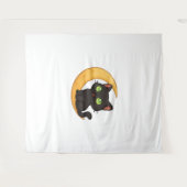 Lächelnde schwarze Katze mit leuchtenden grünen Au Wandteppich (Vorderseite (Horizontal))