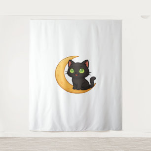 Lächelnde schwarze Katze mit leuchtenden grünen Au Wandteppich