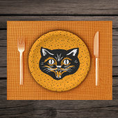 Lächelnde schwarze und orangefarbene Halloween-Kat Pappteller