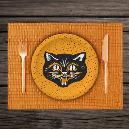 Lächelnde schwarze und orangefarbene Halloween-Kat Pappteller