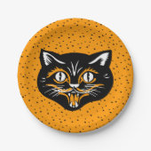 Lächelnde schwarze und orangefarbene Halloween-Kat Pappteller (Vorderseite)