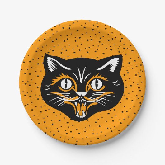 Lächelnde schwarze und orangefarbene Halloween-Kat Pappteller (Vorderseite)