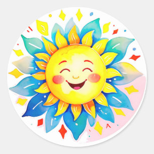☀️ Lächelnde Sonne Cartoon Glückliches Gesicht Nie Runder Aufkleber
