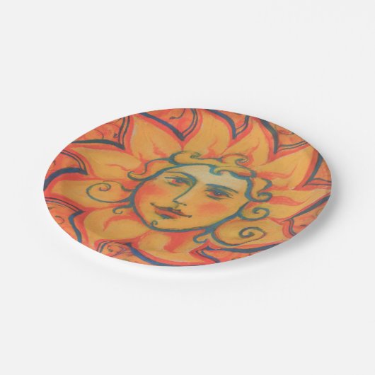 Lächelnde Sonne, Fairytale Fantasy Art, orange Gel Pappteller (Schrägansicht)