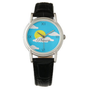 Lächelnde Sonne mit puffigen Wolken: Armbanduhr