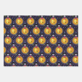 Lächelnde Sonnenstars mit Party-Hut-Geburtstagsblu Geschenkpapier Set