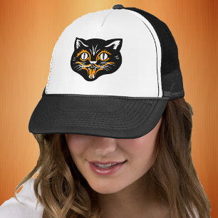 Lächelnde Vintage-Halloween-Katze Gesicht Schwarz  Truckerkappe