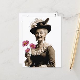 Lächelnde Vintage-Oma mit rosa Blumen Postkarte