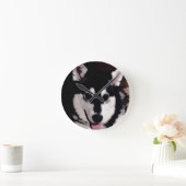 Lächelnder alaskischer Schwarzweiss-malamute Runde Wanduhr (Zuhause)