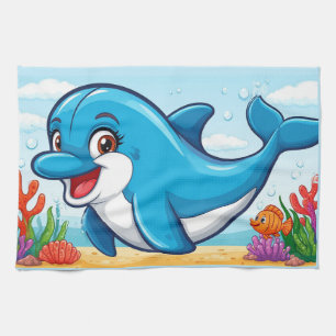 Lächelnder Cartoon-Delfin schwimmt  Geschirrtuch