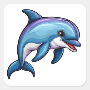 Lächelnder Cartoon Dolphin Quadratischer Aufkleber
