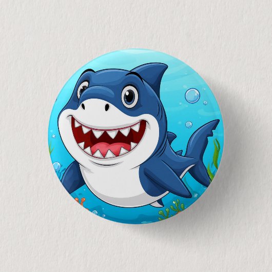 Lächelnder Cartoon Hai schwimmen unter Wasser Button (Vorderseite)